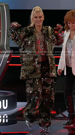 Gwen's sequin camo jacket and cargo pants on The Voice
