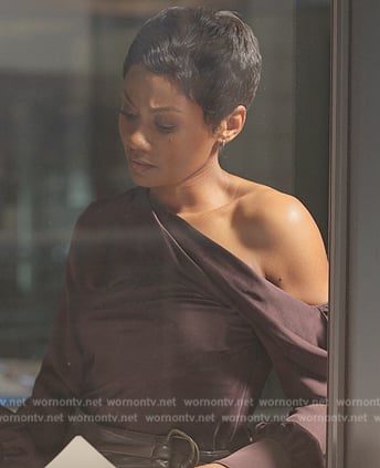 Jax's burgundy one shoulder satin top on Reasonable Doubt