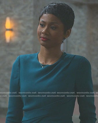 Jax's green long sleeve sheath dress on Reasonable Doubt