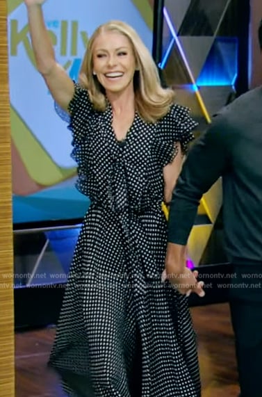 Kelly's black polka dot ruffle midi dress on Live with Kelly and Ryan