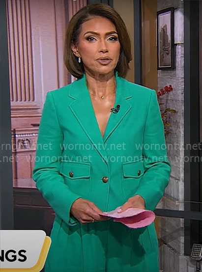 Kristine Johnson's green jacket and pants on CBS Mornings