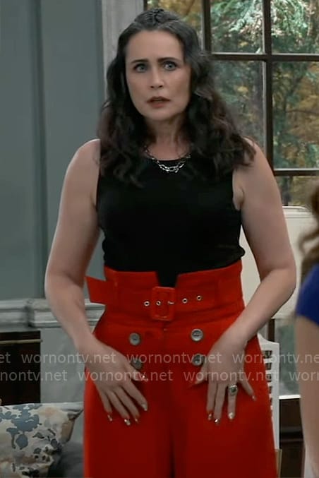 Lois' red high waisted belted pants on General Hospital