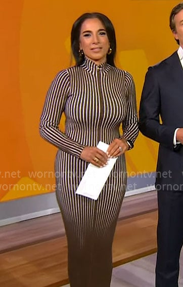 Michelle Miller's brown vertical striped dress on CBS Mornings