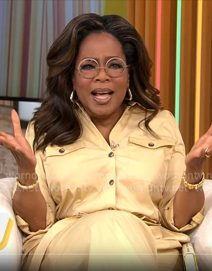 Oprah Winfrey's beige button down shirt and pants set on CBS Mornings