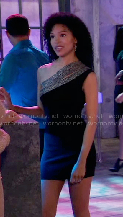 Portia's black one-shoulder mini dress on General Hospital