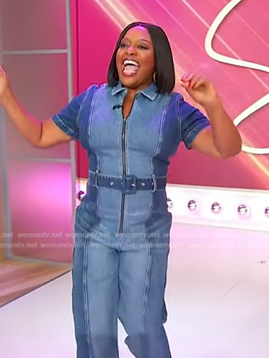 Sherri's denim belted jumpsuit on Sherri