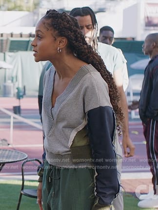 Simone's gray patchwork sweatshirt on All American Homecoming