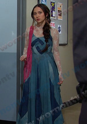 Sophia's white lace top and denim patchwork dress on Days of our Lives