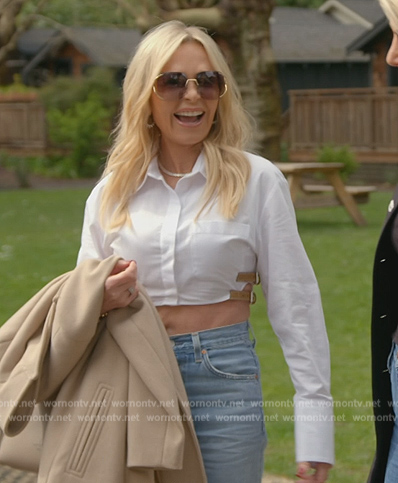 Tamra's white buckle side crop top on The Real Housewives of Orange County