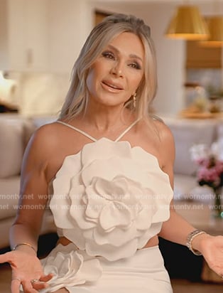 Tamra's floral applique confessional dress on The Real Housewives of Orange County