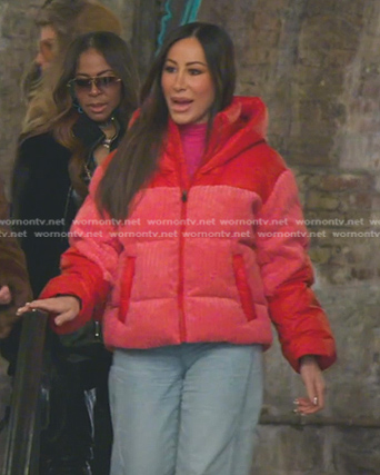 Angie's pink and red corduroy down jacket on The Real Housewives of Salt Lake City