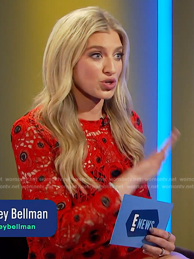 Ashley Bellman's red floral crochet knit top and skirt on E! News