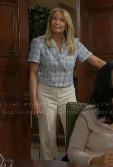 Brooke's blue tweed short sleeve tweed jacket on The Bold and the Beautiful