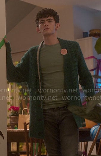 Charlie's green cardigan with white stripe on Heartstopper