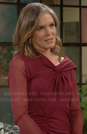 Diane's burgundy knotted off-shoulder mesh dress on The Young and the Restless