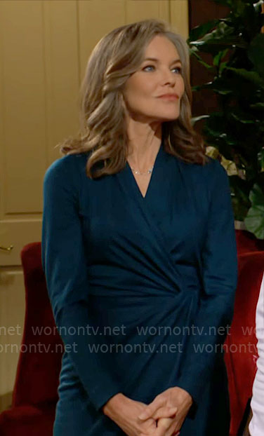 Diane's teal long sleeved twist front wrap dress on The Young and the Restless