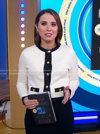 Elizabeth's white contrast trim cardigan on Good Morning America