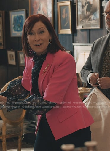 Elsbeth's polka dot sheer top and pink short sleeve blazer on Elsbeth