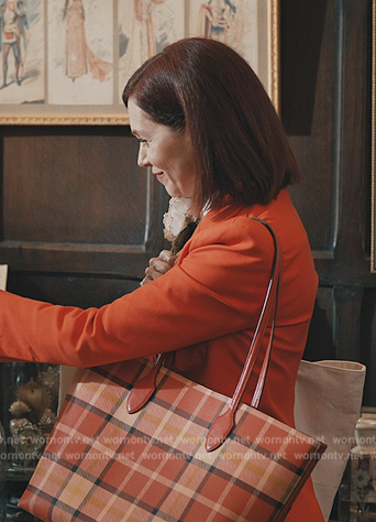 Elsbeth's red plaid tote bag on Elsbeth