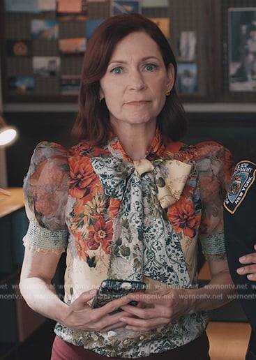 Elsbeth's floral print tie neck blouse on Elsbeth