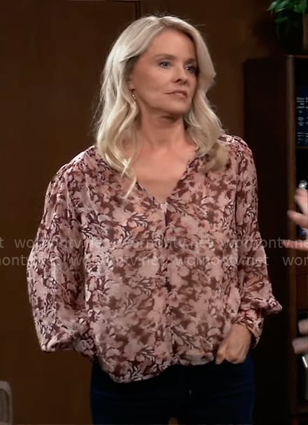 Felicia's burgundy floral print blouse on General Hospital