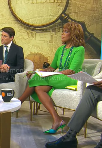 Gayle King's green rib knit dress on CBS Mornings