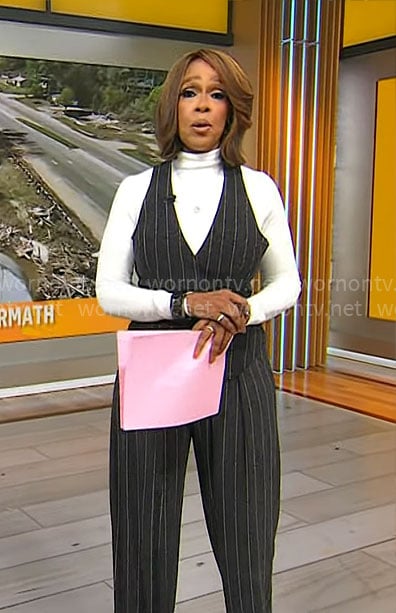 Gayle King's pinstripe vest and pants set on CBS Mornings