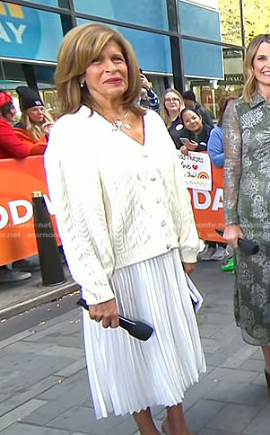 Hoda's white cable knit cardigan and pleated dress on Today