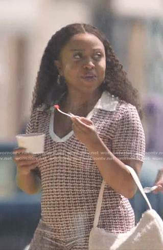 Janine's red and white knit polo and pants on Abbott Elementary