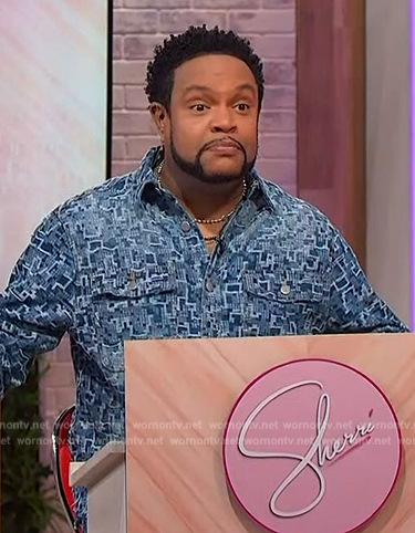 Jawn's denim printed jeans and shirt on Sherri