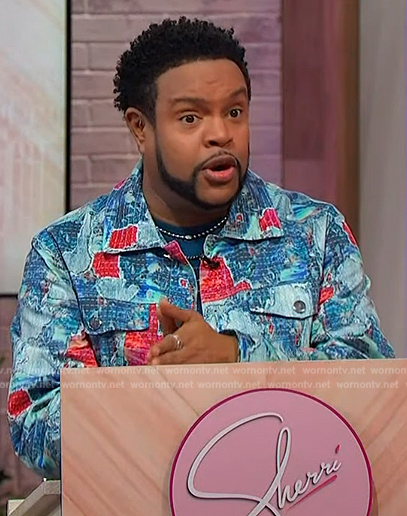 Jawn's printed denim jacket on Sherri
