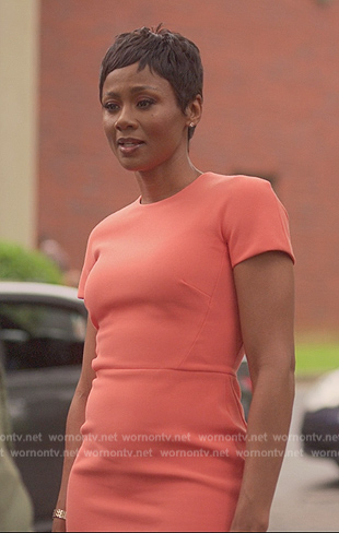 Jax's orange short sleeve sheath dress on Reasonable Doubt