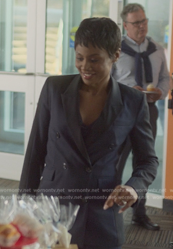 Jax's navy contrast blazer and pants on Reasonable Doubt