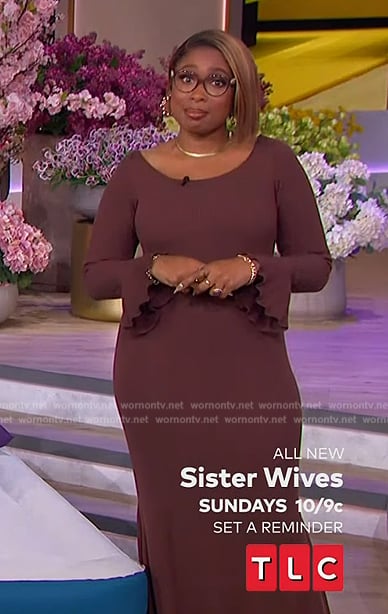Jennifer's burgundy off shoulder maxi dress on The Jennifer Hudson Show