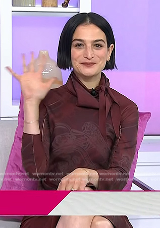 Jenny Slate's burgundy tie neck print dress on Today