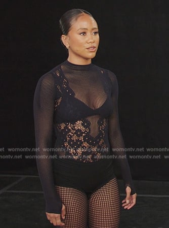 Keisha's black floral lace bodysuit on All American Homecoming