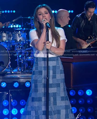 Kelly's denim check skirt on The Kelly Clarkson Show