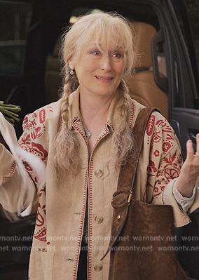 Loretta's beige embroidered jacket on Only Murders in the Building