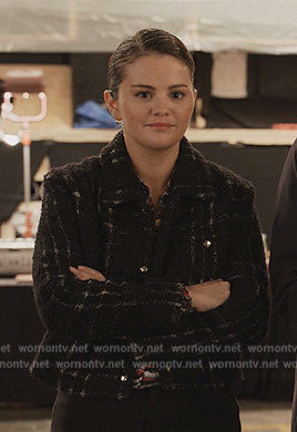 Mabel's textured wave shirt and tweed jacket on Only Murders in the Building