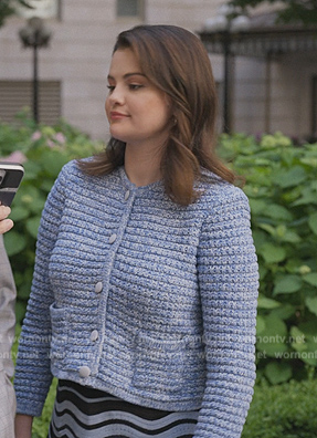 Mabel's blue ribbed cardigan and swirl mini skirt on Only Murders in the Building