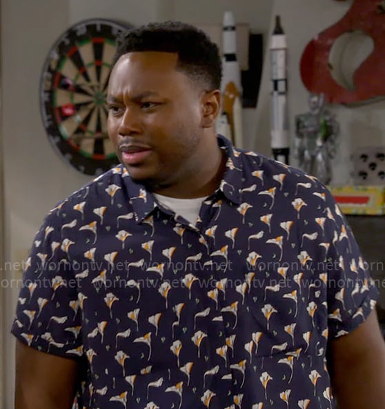 Marty's navy flower print shirt on The Neighborhood