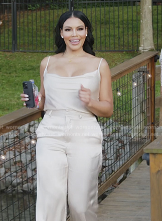 Mia's white satin cami and pants on The Real Housewives of Potomac