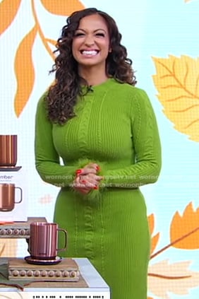 Milly Almodovar's green ribbed feather cuff dress on Good Morning America