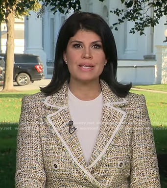 Natalie Brand's yellow tweed blazer on CBS Evening News