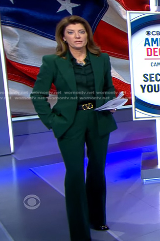 Norah's green blazer and pant suit on CBS Evening News