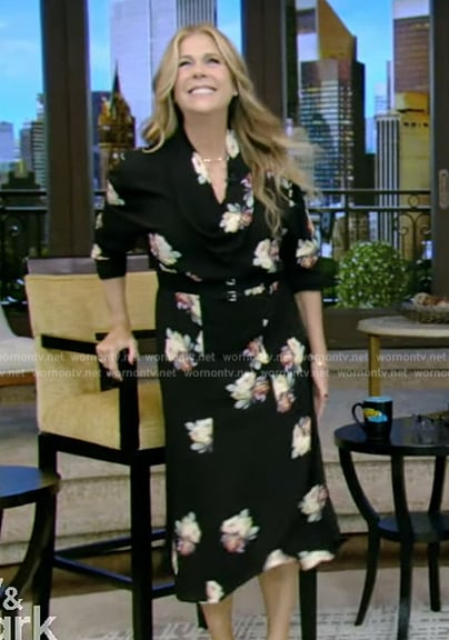 Rita Wilson's black floral drape neck dress on Live with Kelly and Mark