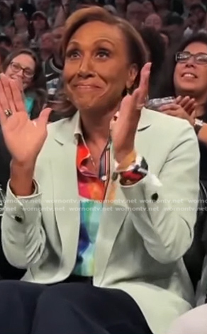 Robin's multicolor printed shirt and blazer on Good Morning America