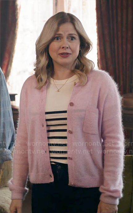 Sam's pink fluffy cardigan on Ghosts