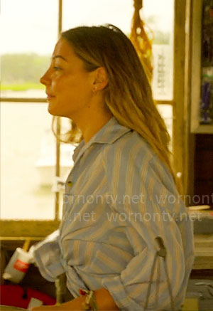 Sarah's blue striped button down shirt on Outer Banks