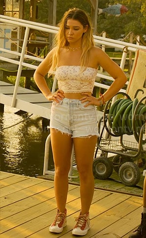 Sarah's floral lace bandeau top on Outer Banks